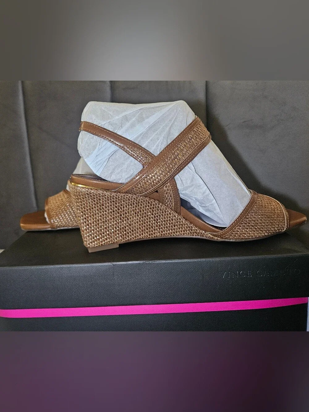 Vince Camuto Helcey Tan Leather/Raffia Slingback Wedge Heel Sandals